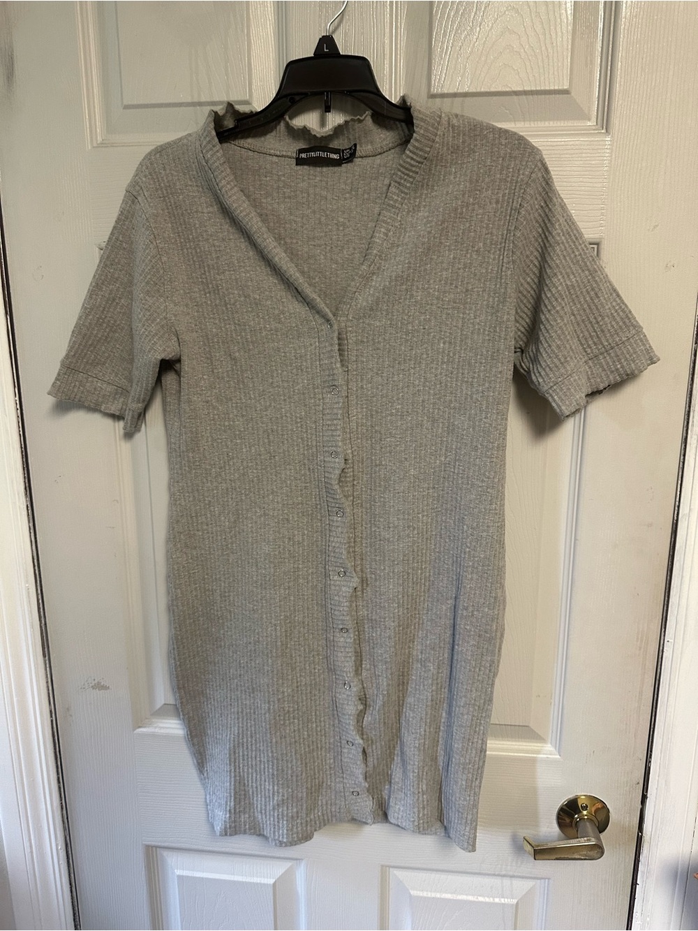 PrettyLittleThing Light Gray Ribbed Button-Front Mini Dress